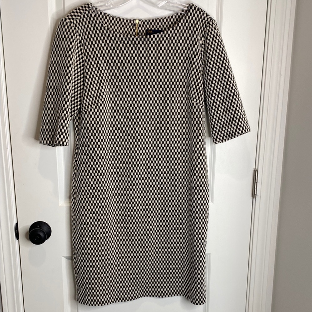 Just...Taylor Checkered Black and Cream Midi Dress with Gold Zipper Detail.
